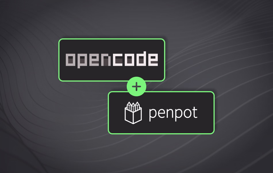 Logotipos do OpenCode e Penpot em fundo abstrato cinza com formas onduladas.